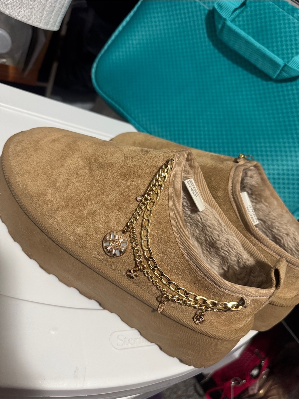 Mudd Tan Faux-Suede Slip-On Platform Slippers with Gold Chain Charms